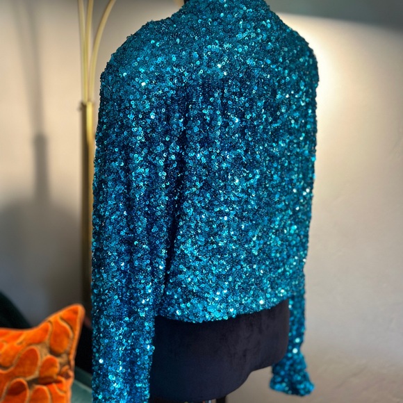Dazzling Blue Sequin Cropped Jacket - Picture 3 of 4